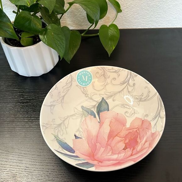 2 Pc - Martha Stewart Pink Peony Floral Ceramic Dinner Bowl Vegetable Plate 9" - Picture 1 of 4